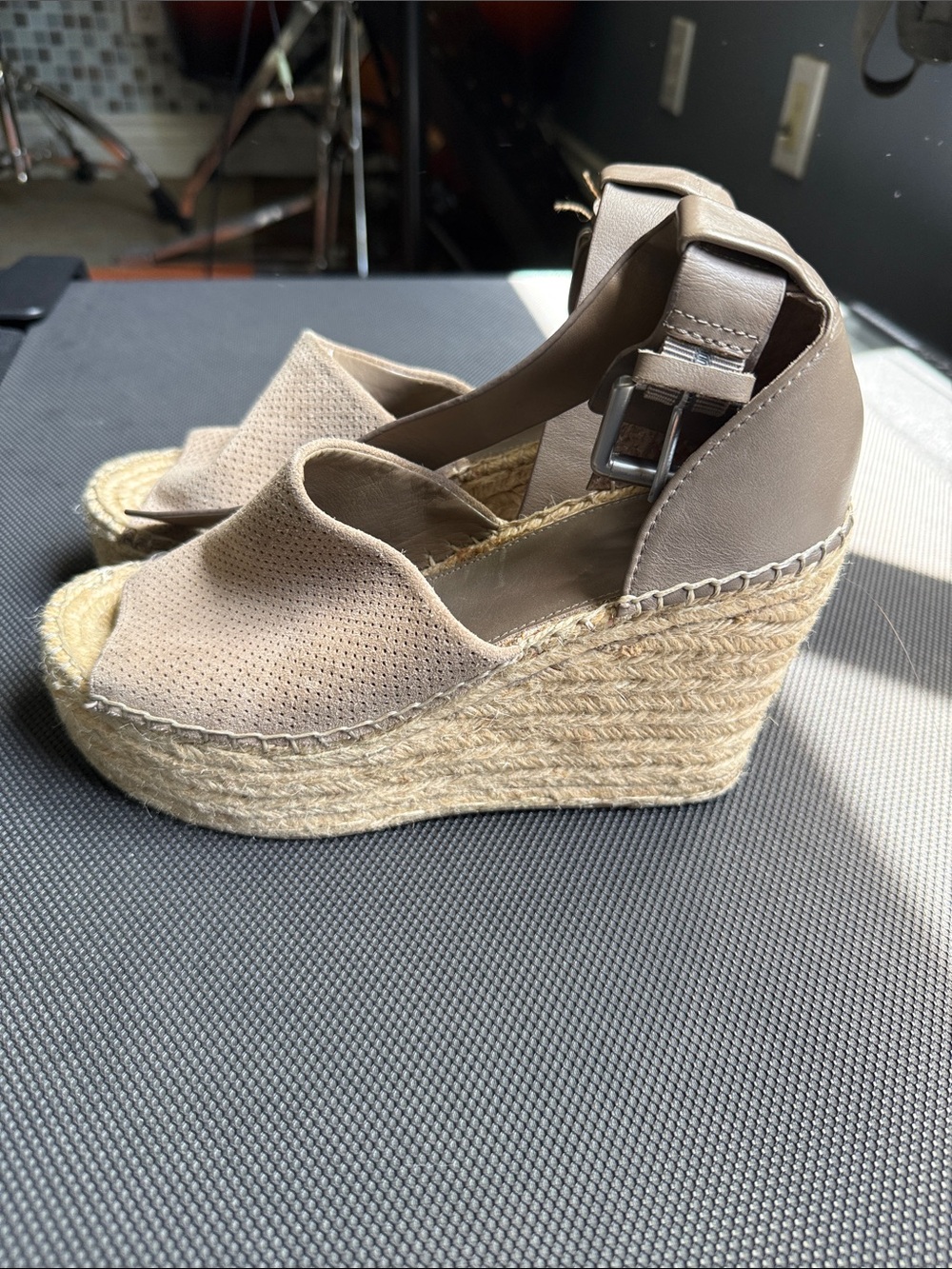 Marc Fisher Taupe Espadrille Wedge Sandals with Ankle Strap